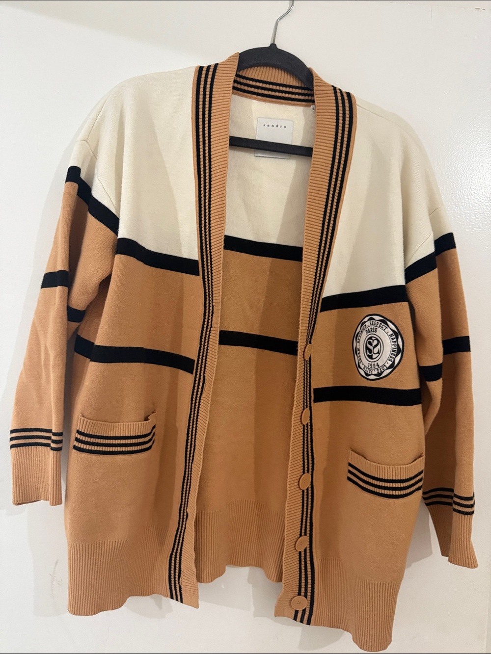 Sandro Tan, Cream & Black Striped Oversized Cardigan